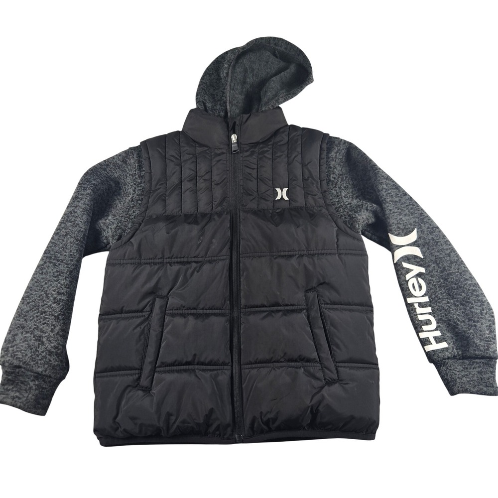 Hurley Boys 10-12 Black‎ Puffer Vest Hooded Jacket Full Zip Youth Medium